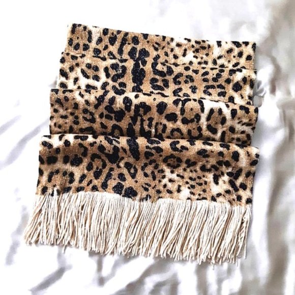 COLLECTION 18 Acrylic Long Scarf Animal Print Beige Black Brown Shimmery Fringe - Picture 6 of 11